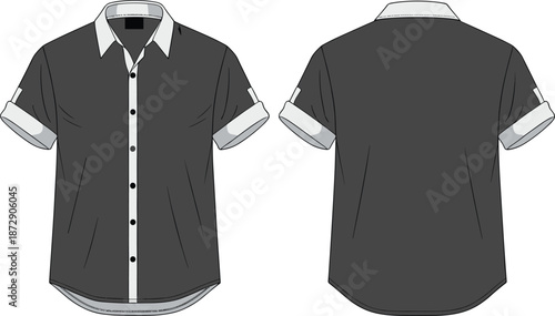 Black short sleeve button down polo shirt technical flat sketch vector mockup with white collar and sleeve details for men fashion design.