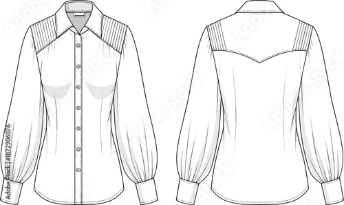Technical fashion sketch of women long sleeve blouse with pleated puff sleeves and western yoke front and back view isolated for apparel design