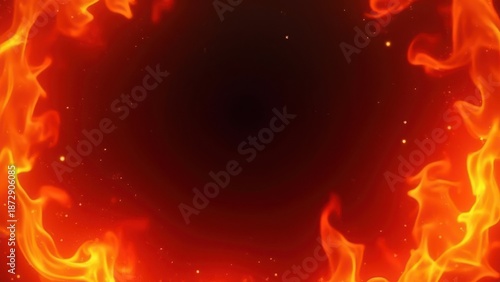 fiery abstract background with glowing red orange flames bursting from corners forming natural frame flying sparks and subtle smoke effects dramatic fire composition with dark center 