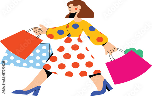 Modern flat-style illustration of a stylish woman carrying multiple colorful shopping bags, wearing a trendy polka-dot dress and blue high heels.