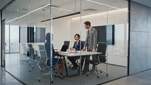 Wallpaper Mural Business team meeting in modern office building with glass walls Torontodigital.ca