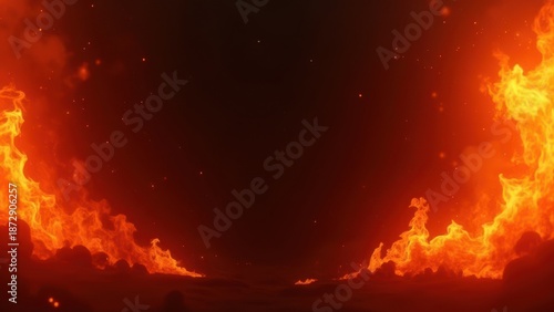 fiery abstract background with glowing red orange flames bursting from corners forming natural frame flying sparks and subtle smoke effects dramatic fire composition with dark center 