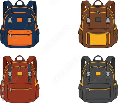 Set of four colorful school backpack vectors with modern design and various color combinations including navy blue orange brown and grey for education travel and outdoor lifestyle branding