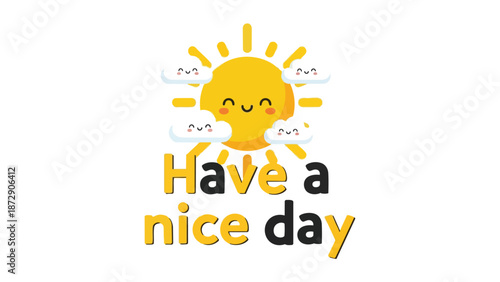 Cheerful vector illustration of a happy sun and clouds wishing a good day greeting card graphic