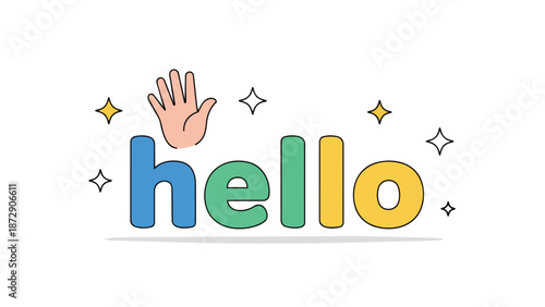 A warm and inviting digital graphic depicting the cheerful word hello in vibrant, playful colors with a friendly waving hand and glittering stars
