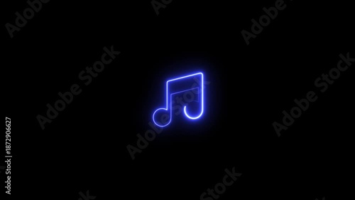 Glowing neon music icon animation, neon icon animation, music icon animation on black background, blue neon glowing single musical note icon abstract design animation on 4k video footage.
