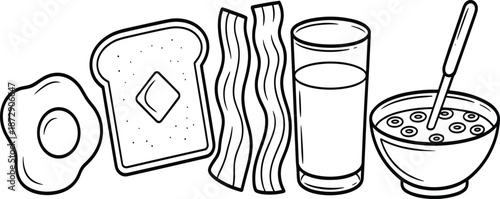 Set of professional breakfast food sketches featuring a fried egg, buttered toast, bacon strips, a glass of juice, and a bowl of cereal with a spoon in clean black line-art style