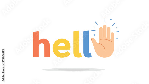 Playful 'Hello' text with a vibrant waving hand gesture symbolizing a warm welcome and friendly interaction