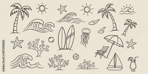 Black and white beach including palm trees surfboards and beach chairs on beige wave starfish