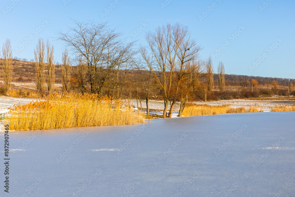 Obraz premium Beautiful winter landscape photography in rural villages of the Republic of Moldova. Authentic rural life in Eastern Europe. Rural or agricultural tourism in Moldova. 