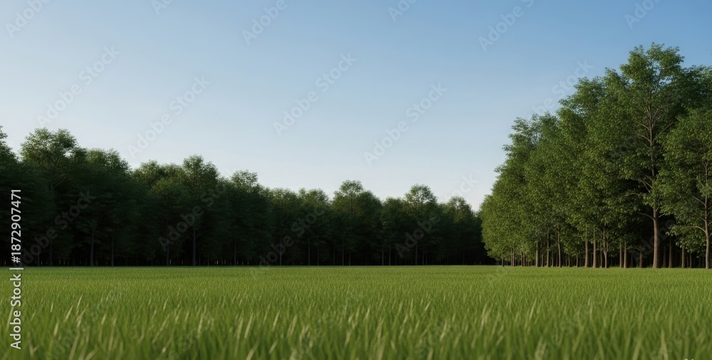 Fototapeta premium Lush Green Grass Field stretching towards a dense Forest Edge under a Clear Blue Sky. Ideal Background for Environment and Real Estate Marketing.