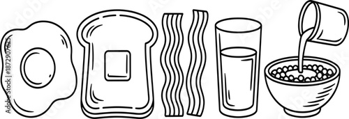 Set of hand-drawn breakfast food sketches featuring a fried egg, buttered toast, wavy bacon strips, a glass of juice, and milk being poured into a bowl of cereal in a clean black line-art style