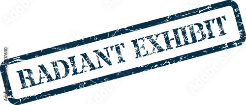 A vibrant dark blue rectangular rubber stamp imprint states Radiant Exhibit in uppercase letters