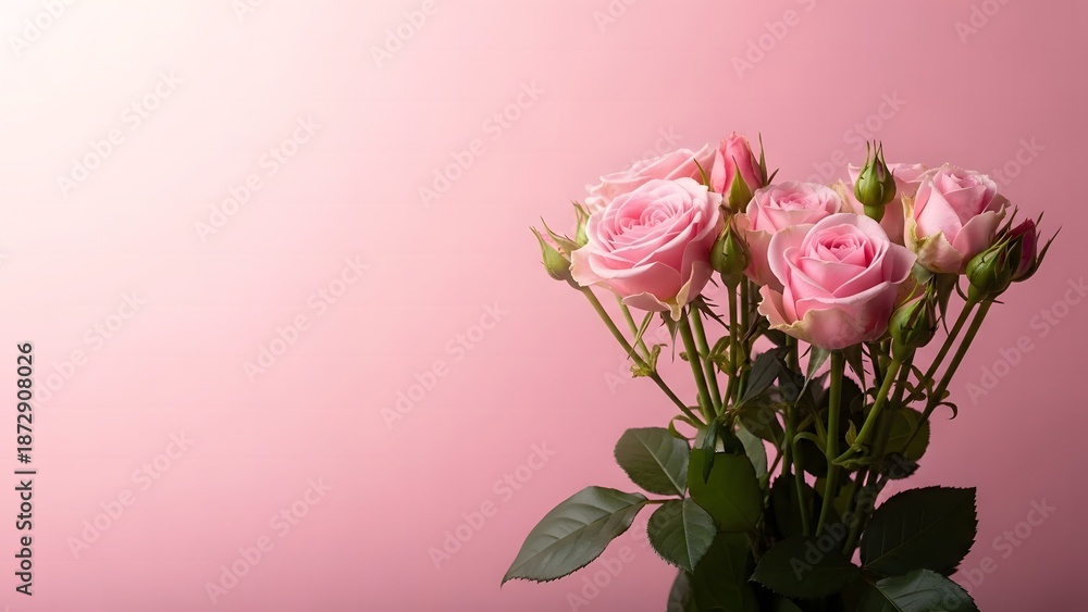 Fototapeta premium A bouquet of pink roses against a soft pink background with natural lighting