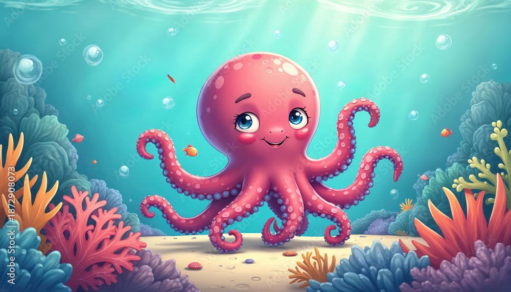 Fototapeta premium Cute cartoon octopus swims in ocean. Friendly creature surrounded by coral, fishes. Underwater scene with bubbles. Marine life illustration ideal for children education materials aquarium themed