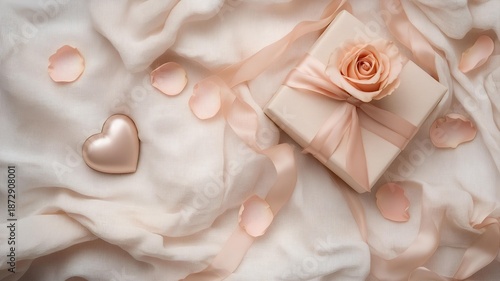 valentine gift flat lay of wrapped box with ribbon and rose petals on soft linen fabric