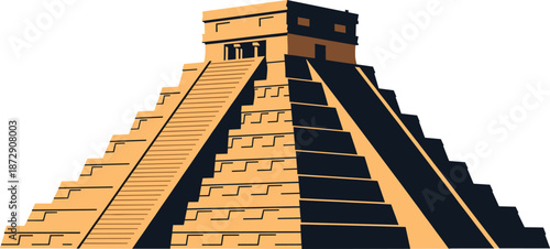 Chichen Itza pyramid illustration featuring step terraces, temple of Kukulcán, Mayan architecture, Mexican heritage, and ancient archaeological landmark vector