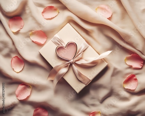 valentine gift flat lay of wrapped box with ribbon and rose petals on soft linen fabric