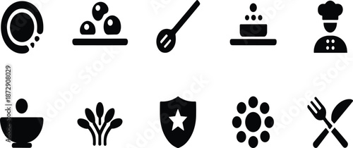 Professional minimalist culinary and kitchen service icon set featuring a chef avatar, whisk, appetizer plate, cloche, soup bowl, and quality shield in a bold black silhouette style.