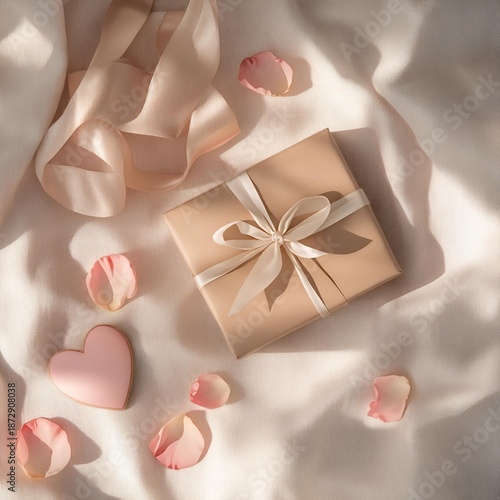 valentine gift flat lay of wrapped box with ribbon and rose petals on soft linen fabric