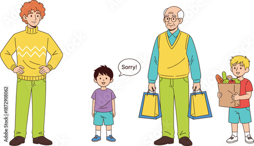 Child Apologizing to Adults, Emotional Learning Moment, Family Vector Illustration for Apologies, Respect, Social Interaction and Character Education Themes