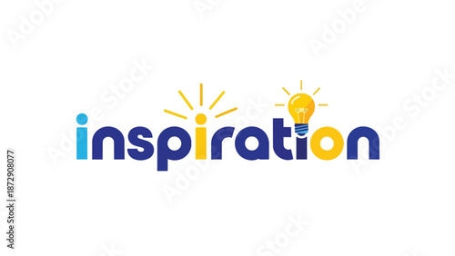 Modern logo for inspiration, integrating a glowing light bulb and radiating dot within blue and yellow typography, symbolizing new ideas, creative