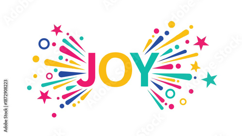 Vibrant typographic expression of pure joy bursting with colorful festive elements