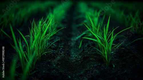 Vibrant young rice plants growing in meticulously planted rows across a dark, fertile field, showcasing the early stages of agricultural cultivation.