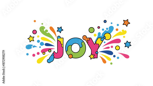 A vibrant explosion of happy hues celebrating the word "JOY" in a dynamic, modern, and expressive illustrative design perfect for cheerful greetings