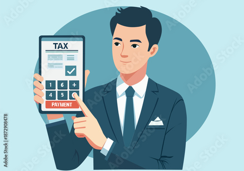 Businessman Using Tablet for Online Tax Payment and Financial Calculation