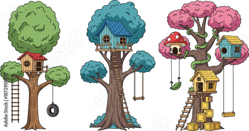 Colorful cartoon treehouses with wooden ladders, swings, fantasy forest houses, playful backyard adventure, children outdoor fun, creative nature illustration