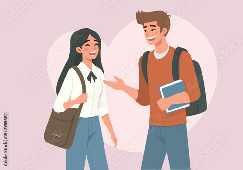 Illustration Happy Male and Female Students Talking with Heart Background