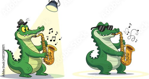 Cool crocodile playing saxophone, cartoon alligator musician performing jazz music, funny animal character illustration, creative design, entertaining concept, musical reptile artwork