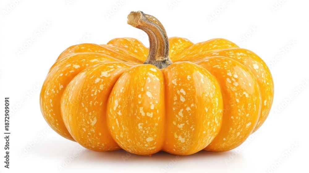 Obraz premium Bright orange pumpkin with curved stem on white background.
