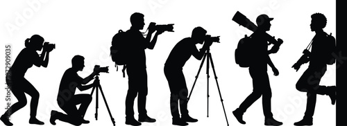 Black silhouette evolution set of photographers with professional cameras and tripods capturing images in various poses isolated on white background