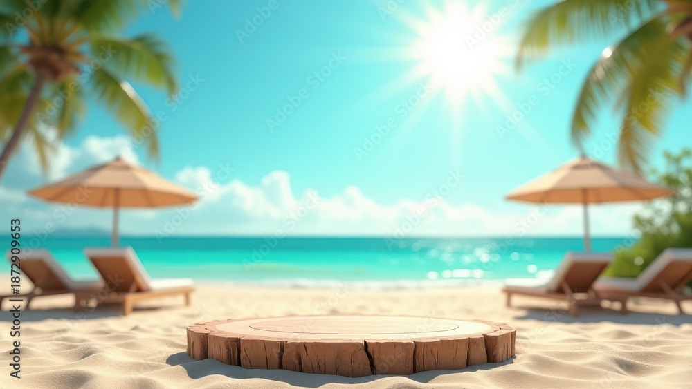 Obraz premium 3d summer themed podium as empty rustic wooden table on vibrant sandy beach with sunbeds under bright midday sun turquoise sea backdrop calm vacation scene 