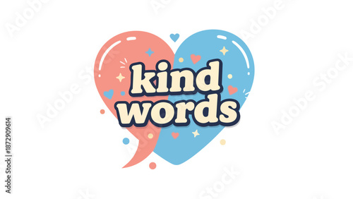 Colorful Heart-Shaped Design Featuring the Words 'Kind Words' Emphasizing Compassion and Positive Communication in a Playful Visual Style for