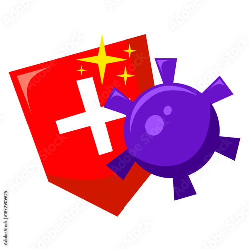 A vector illustration of a shield combined with virus and medical symbols, representing protection against disease. Ideal for health protection, virus prevention, medical safety, and healthcare.