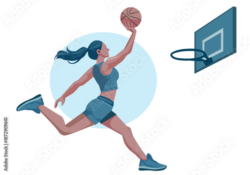 The illustration shows a young woman shooting a basketball.