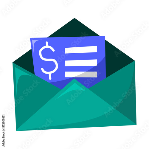 A vector illustration of an open envelope containing an invoice document, representing billing delivery. Ideal for invoicing, financial emails, and business transactions.