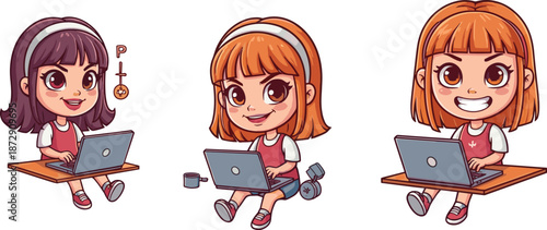 Cute cartoon girls working on laptops, children using technology for online learning, studying, gaming, digital education concept vector illustration.