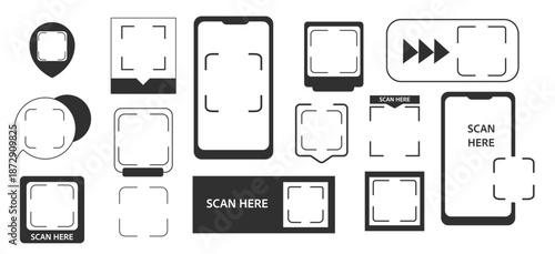 QR code frame box, template. QR code with inscription scan me with smartphone. Scan me icon. Scan qr code icon for payment, mobile app