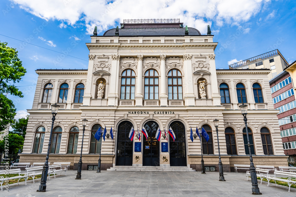 Fototapeta premium Facade of the National Gallery of Slovenia, a neoclassical building designed by Czech architect Frantisek Skabrout, home to Slovenia's main art collection, in Ljubljana, Slovenia