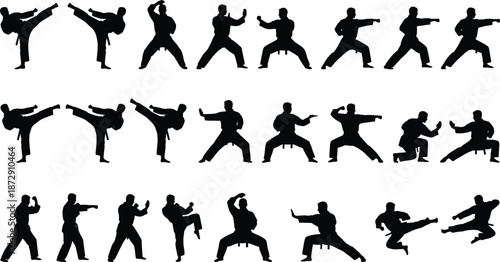 Black Silhouette Set of Martial Arts Karate and Taekwondo Fighters Performing High Kicks Blocks and Powerful Punches Isolated on White Background