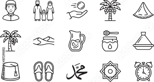 Muslim lifestyle icons with family and palm trees and tagine and desert dunes and honey and fez hat and sandals and prayer and zakat and alms and calligraphy and clock and ramadan preparation motifs