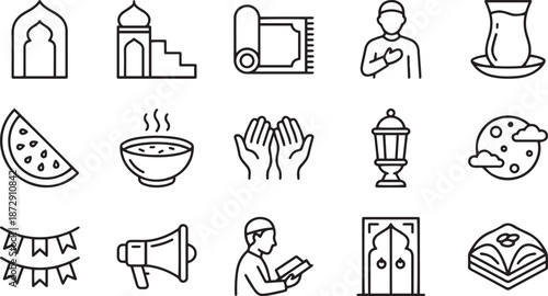 Ramadan Kareem icons collection with mosque architecture and prayer rug and muslim man and turkish tea and watermelon and soup bowl and dua hands and fanous lantern and moon and loud speaker and quran