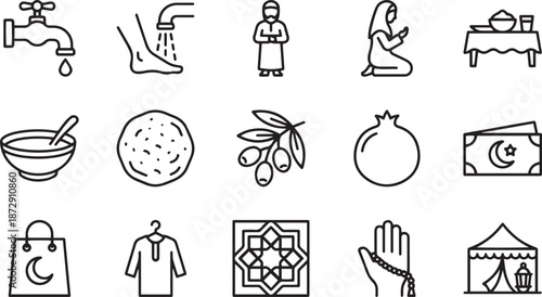 Islamic rituals icons showing wudhu ablution and prayer on mat and iftar meal and charity money and islamic art pattern and shopping and clothing and tent and prayer hands and olive and pomegranate