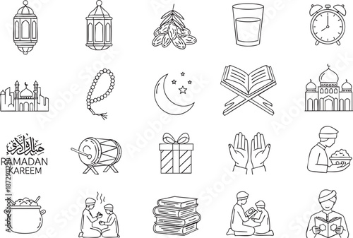 Ramadan Kareem icons set for Islamic holiday celebration