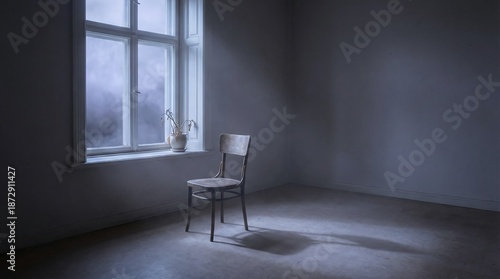 A conceptual image of empty chair by window, representing deep loneliness and isolation.