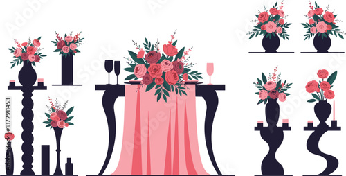 Elegant Floral Vase Arrangement with Romantic Pink Roses and Decorative Candles for Wedding or Home Decor, Vector Illustration